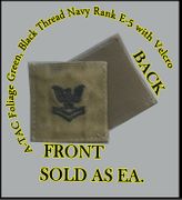 ATACS FOLIAGE GREEN USN RANK E5 in black thread with Velcro(r) backing