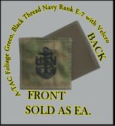 ATACS FOLIAGE GREEN USN RANK E7 in black thread with Velcro(r) backing