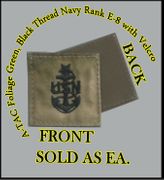 ATACS FOLIAGE GREEN USN RANK E8 in black thread with Velcro(r) backing