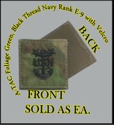 ATACS FOLIAGE GREEN USN RANK E9 in black thread with Velcro(r) backing