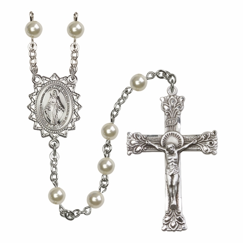 Bliss Miraculous Sterling Silver Cream Rose Pearl Crystal Catholic Rosary