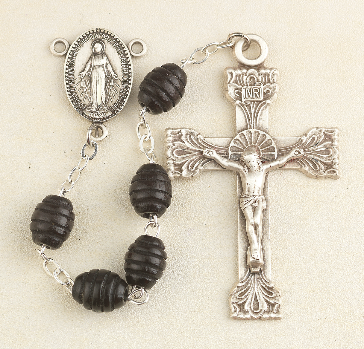 HMH Religious Black Beehive Carved Boxwood Miraculous Medal Catholic Rosary