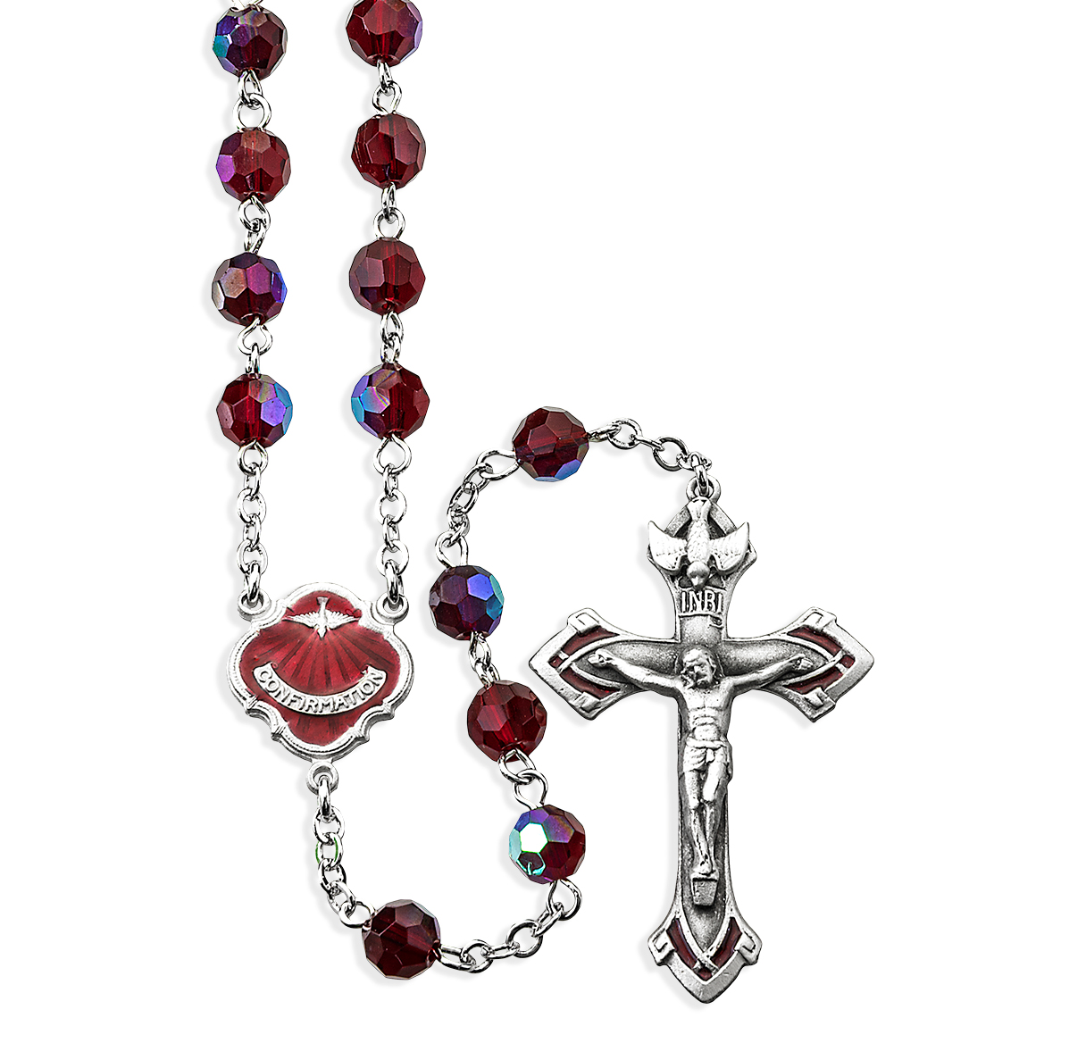 HMH Religious Tin Cut Ruby Aurora Borealis New England Pewter Rosary