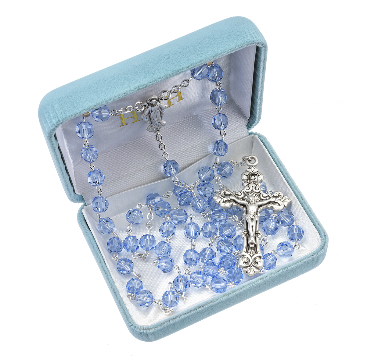 HMH Religious Lt Sapphire Crystal Sterling Silver Rosary