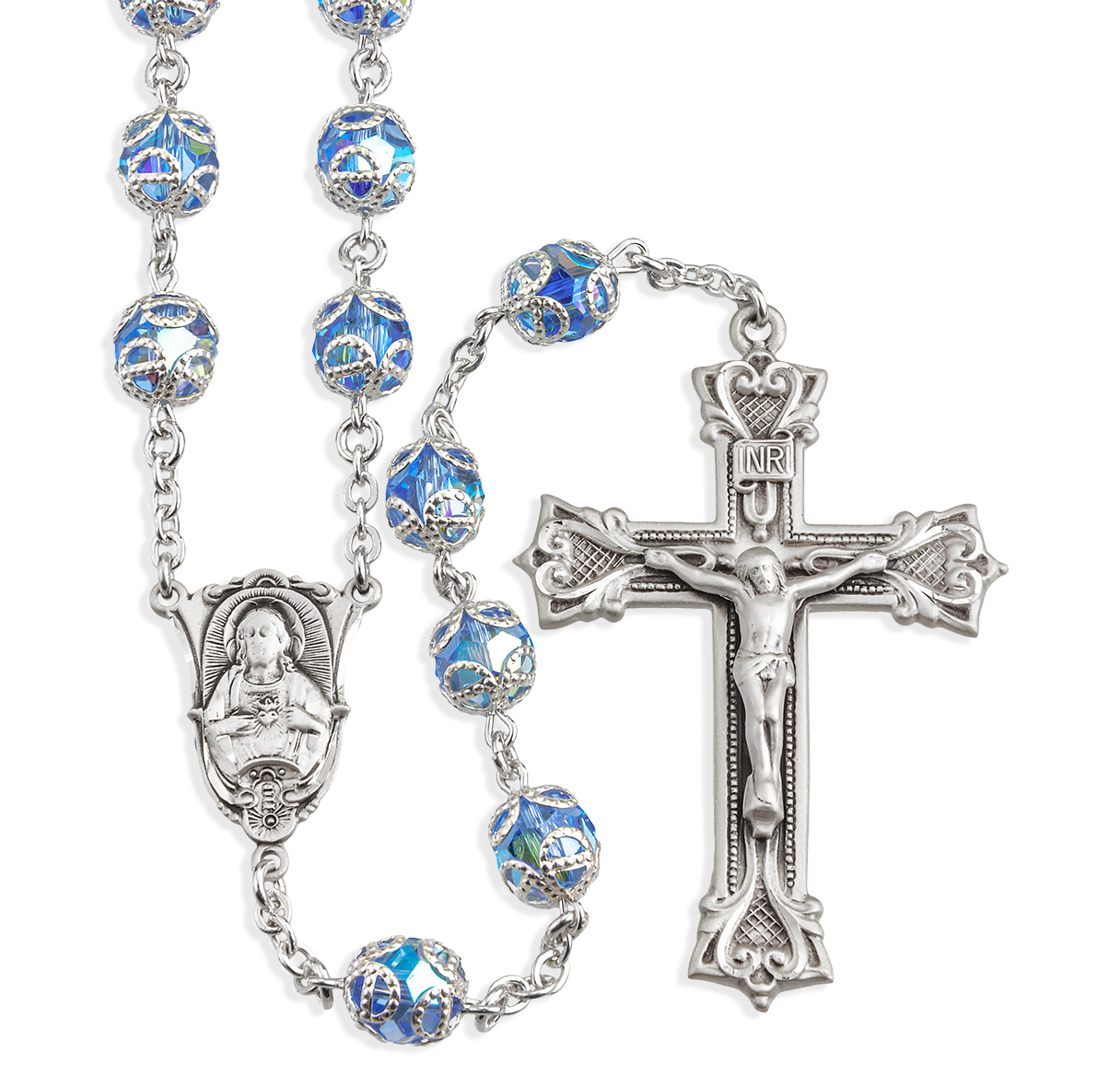 HMH Religious Light Sapphire Double Capped Crystal Sterling Silver Rosary