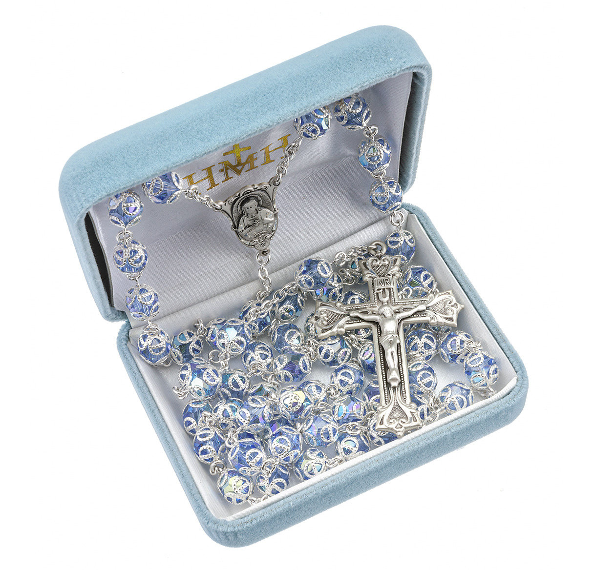 HMH Religious Light Sapphire Double Capped Crystal Sterling Silver Rosary