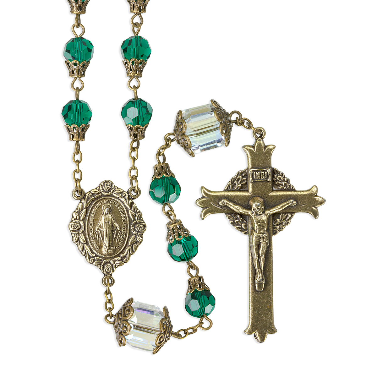 HMH Religious Mary Emerald Crystal Tear Drop Brass Rosary