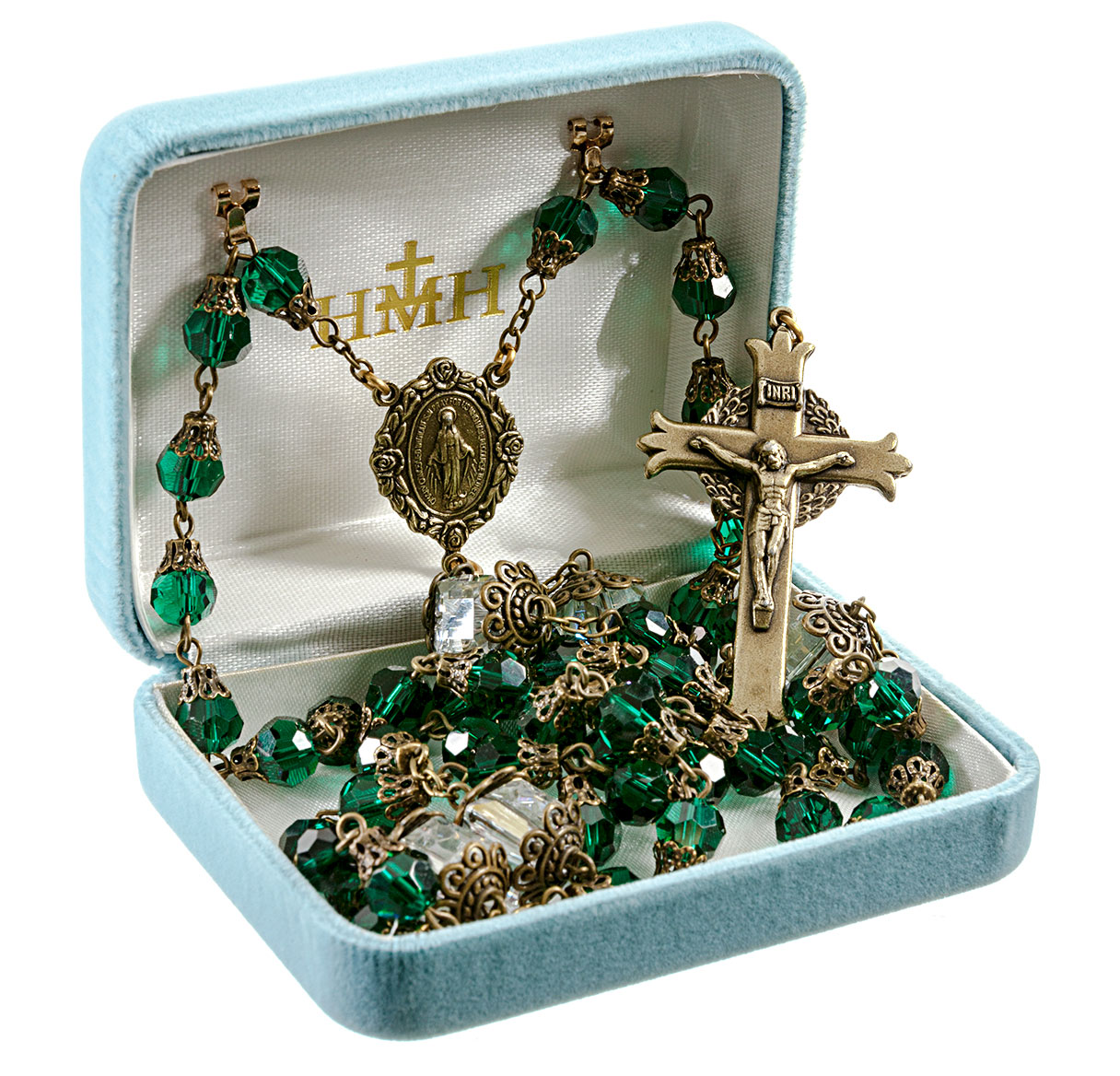 HMH Religious Mary Emerald Crystal Tear Drop Brass Rosary