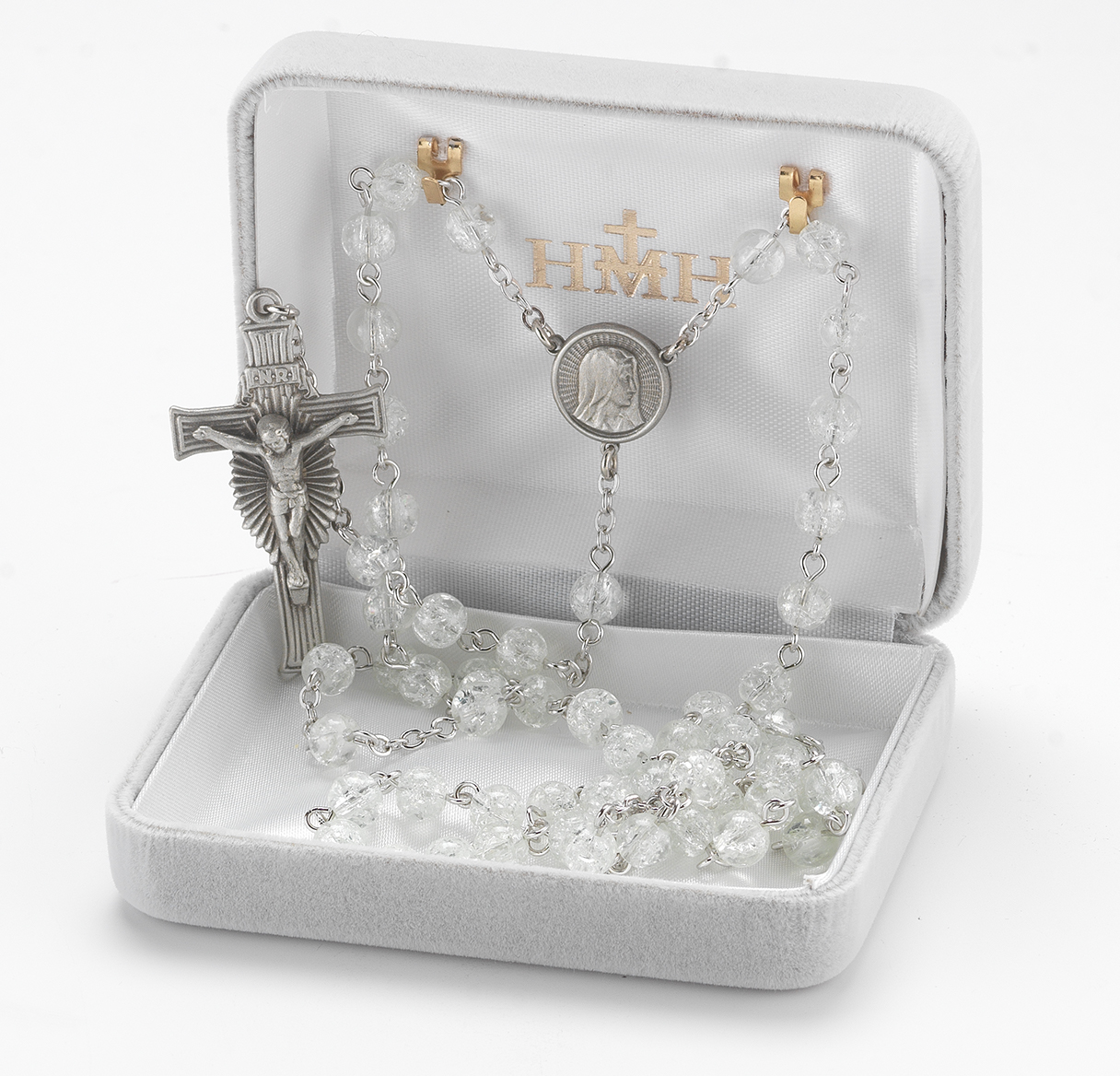 HMH Religious Crackle Bead Crystal New England Pewter Rosary