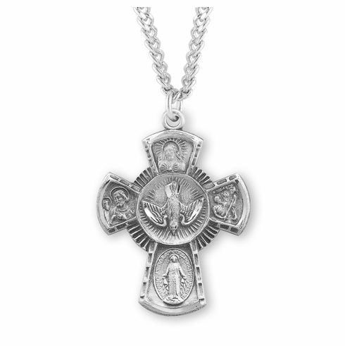 Large Sterling Four-Way Medal with Holy Spirit Necklace by HMH Religious