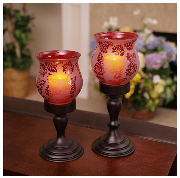 2 Piece Chesapeake Etched Glass Hurricanes with Flameless Pillar Candles