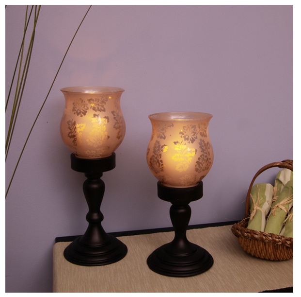 2 Piece Chesapeake Etched Glass Hurricanes with Flameless Pillar Candles