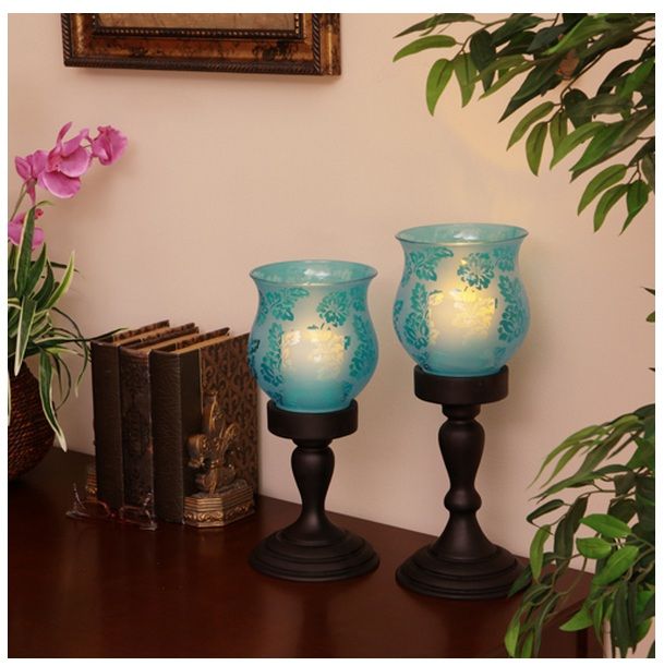 2 Piece Chesapeake Etched Glass Hurricanes with Flameless Pillar Candles