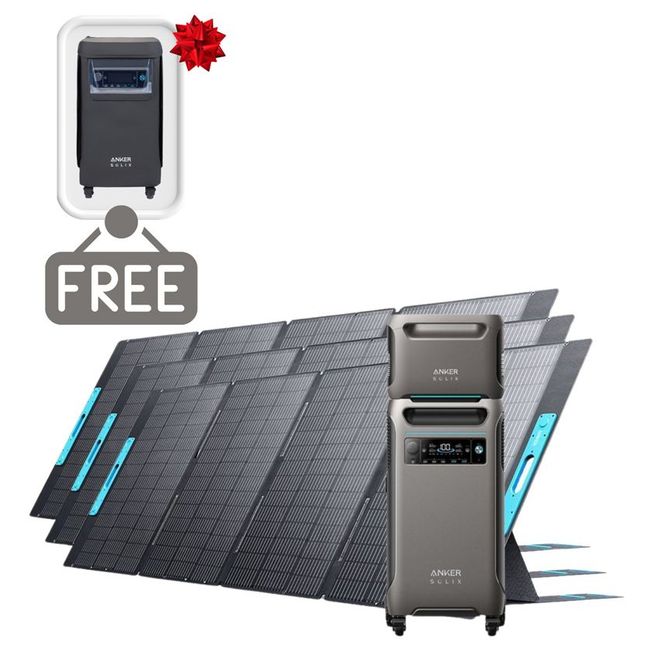 Anker SOLIX F3800 Portable Power Station with Expansion Battery and 3x 400W Foldable Solar Panels - 7680 Watt Hours - Includes FREE Protective Cover