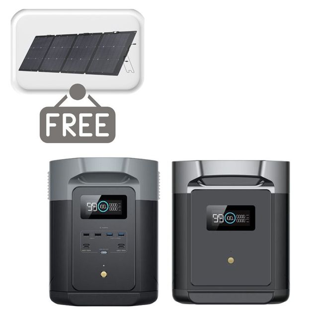 EcoFlow Delta 2 Max Power Station & Smart Extra Battery Kit - Includes a FREE EcoFlow 220W Bifacial Portable Solar Panel