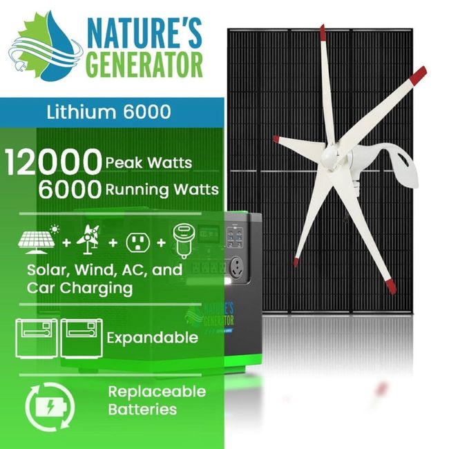 Nature's Generator Lithium 6000 with Solar Panels and Wind Turbine Lithium 6000 + 2x 410W Rigid Panel + Wind Turbine